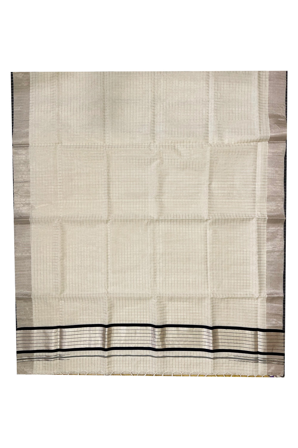 Southloom Premium Handloom Cotton Kerala Saree with Silver Kasavu Checks Across Body and Black Border (Onam Saree 2023)