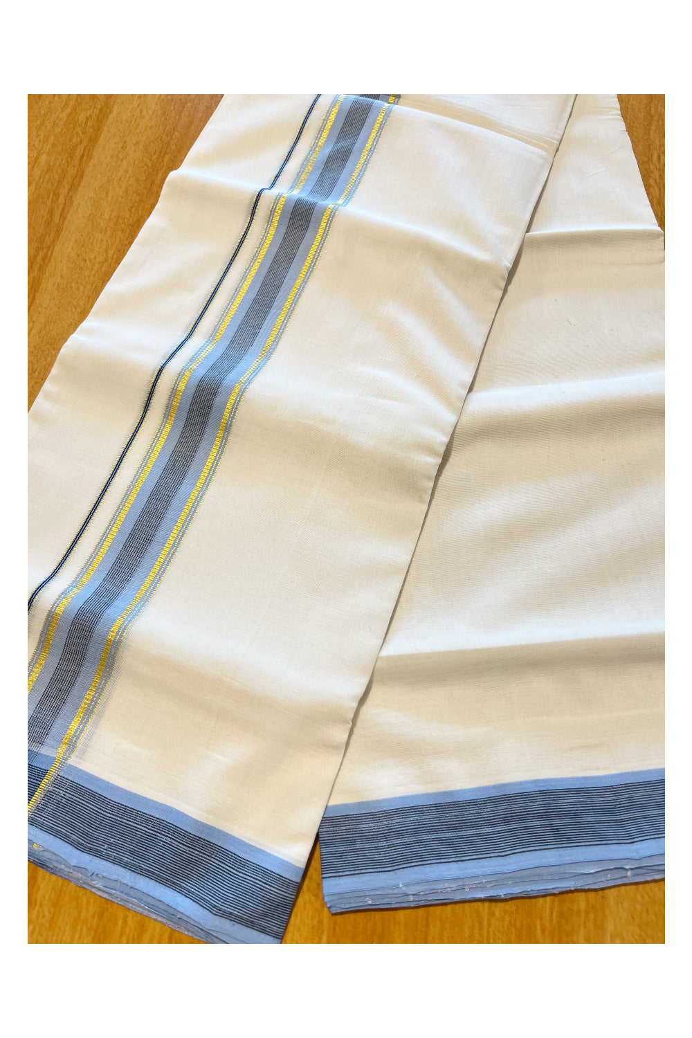 Southloom Premium Handloom Cotton Double Mundu with Kasavu And Blue Black Lines Border