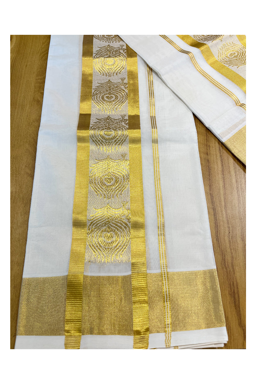 Southloom Handloom Premium Cotton Kasavu Set Mundu With Peacock Leaf Woven Patterns On Border (Mundum Neriyathum) 2.80 Mtrs