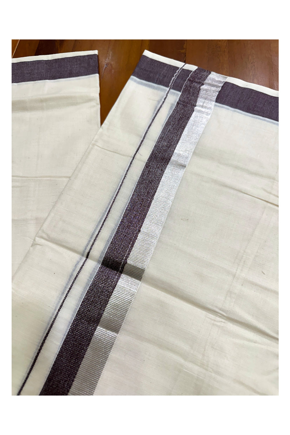 Kerala Pure Cotton Off White Double Mundu with Silver Kasavu And Brown Kara (South Indian Kerala Dhoti)