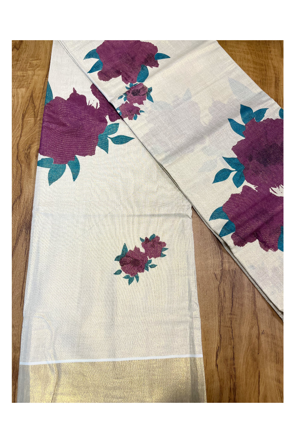 Kerala Tissue Digital Print Single Set Mundu (Mundum Neriyathum) with Violet Floral Design 2.80 Mtrs