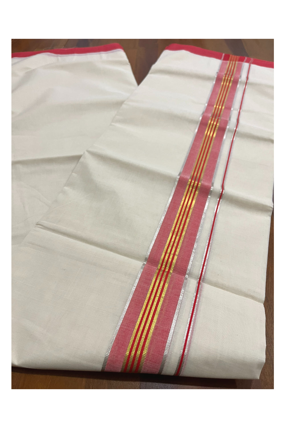 Pure Cotton 100x100 Double Mundu with Silver Golden Kasavu and Red Kara (Onam Mundu 2023)