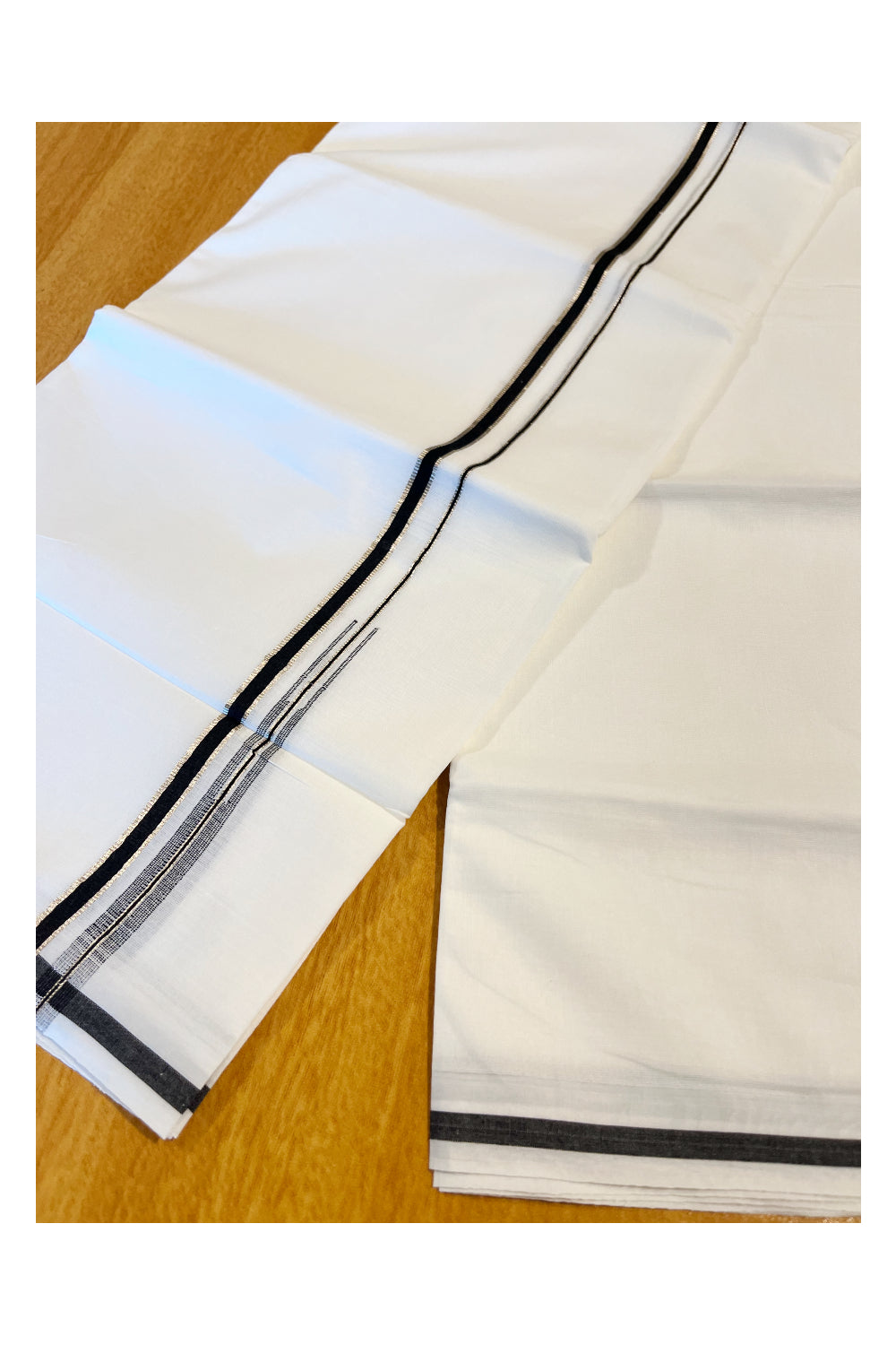 Pure White Cotton Double Mundu with Silver Black Chutti Border (South Indian Kerala Dhoti)