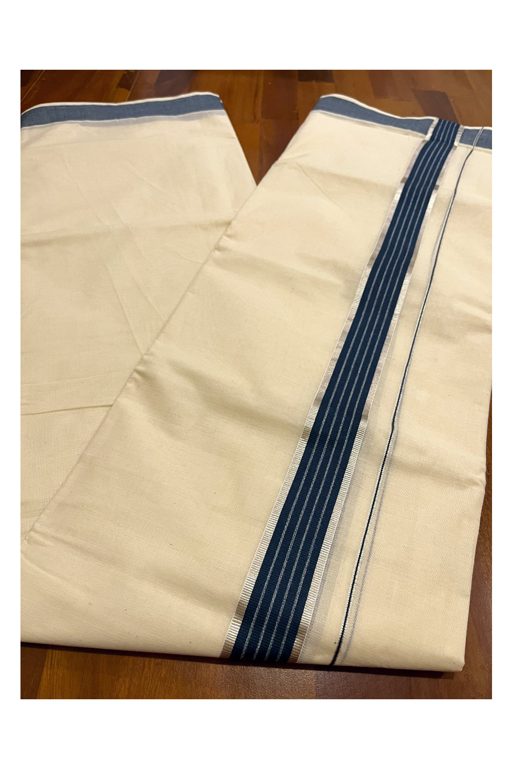 Kerala Cotton Double Mundu with Dark Teal Blue and Silver Kasavu Line Border (Onam Mundu 2023)