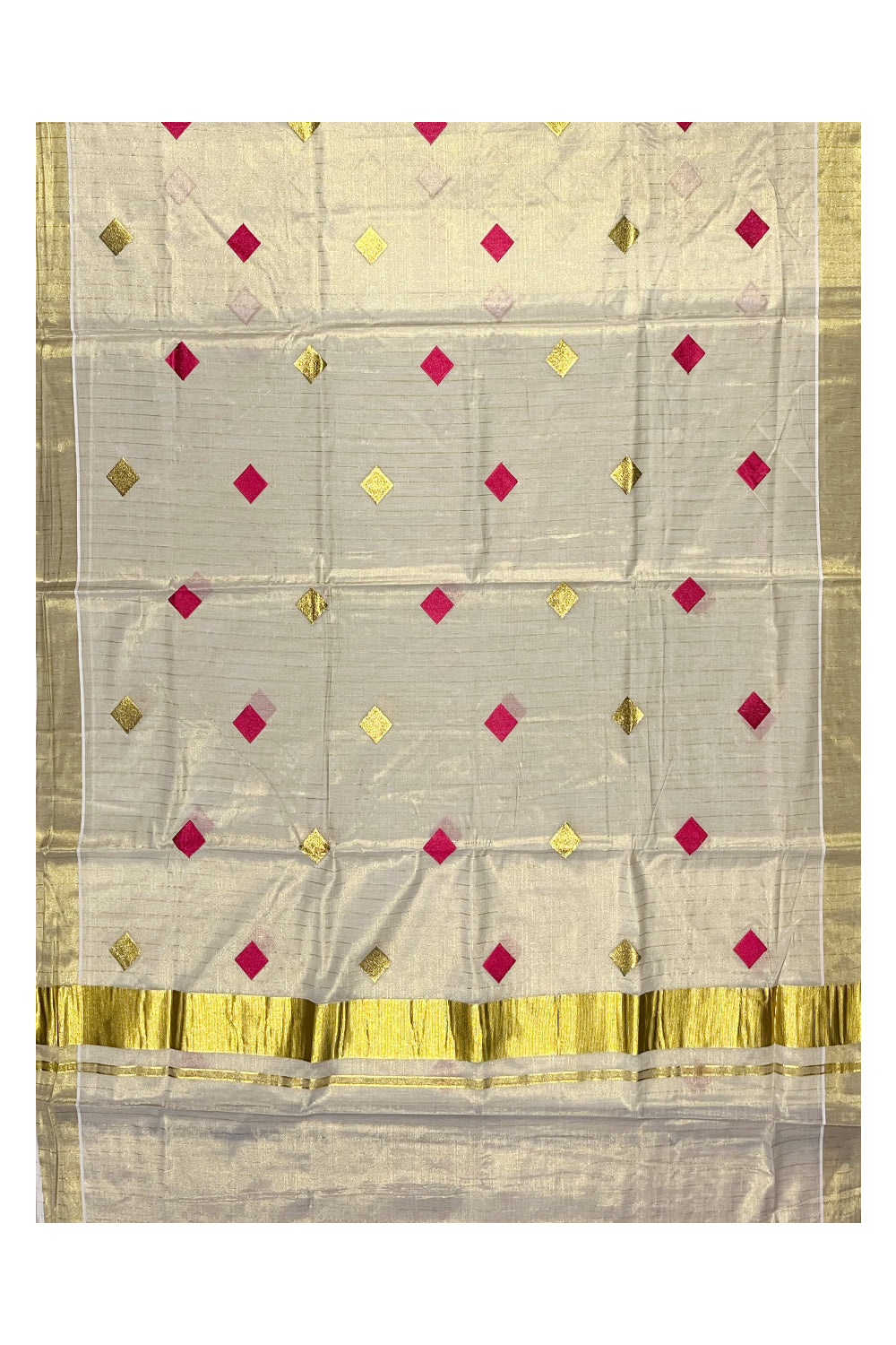 Kerala Tissue Kasavu Lines Saree with Pink and Golden Diagonal Woven Designs on Body and Pallu