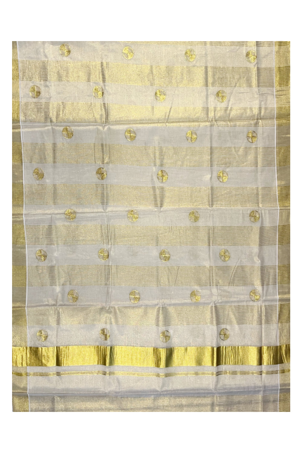 Kerala Tissue Kasavu Lines Saree with Golden  Polka works across the Body