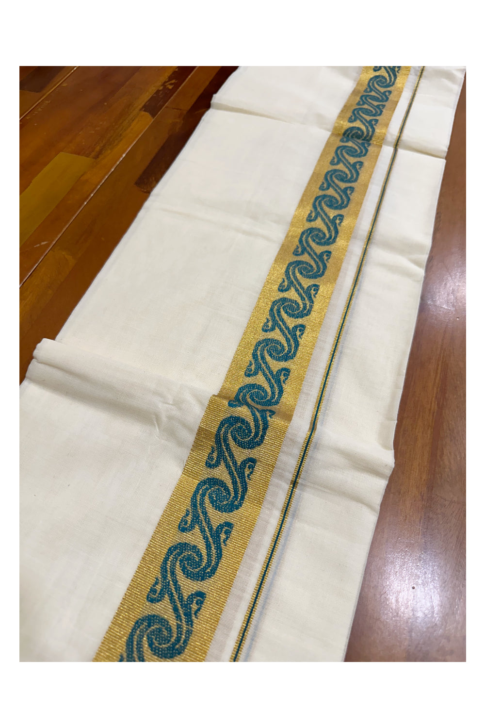 Kerala Pure Cotton Single Set Mundu (Mundum Neriyathum) with Green Block Prints on Kasavu Border-2.80Mtrs