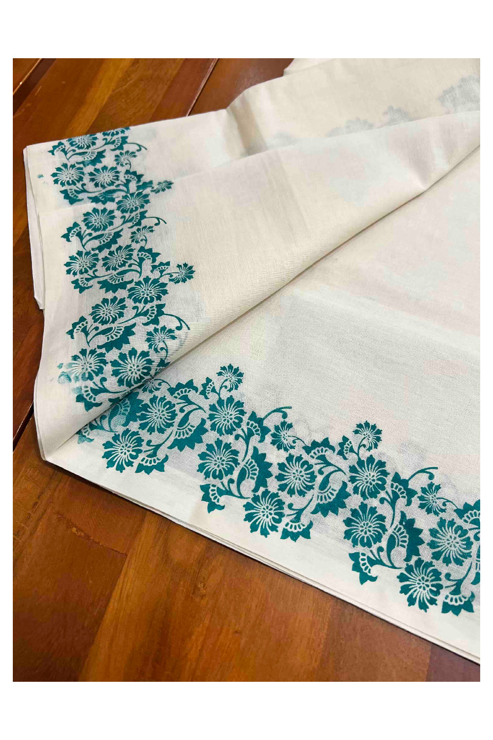 Kerala Cotton Mundum Neriyathum Single (Set Mundu) with Green Floral Block Prints in Border 2.80 Mtrs