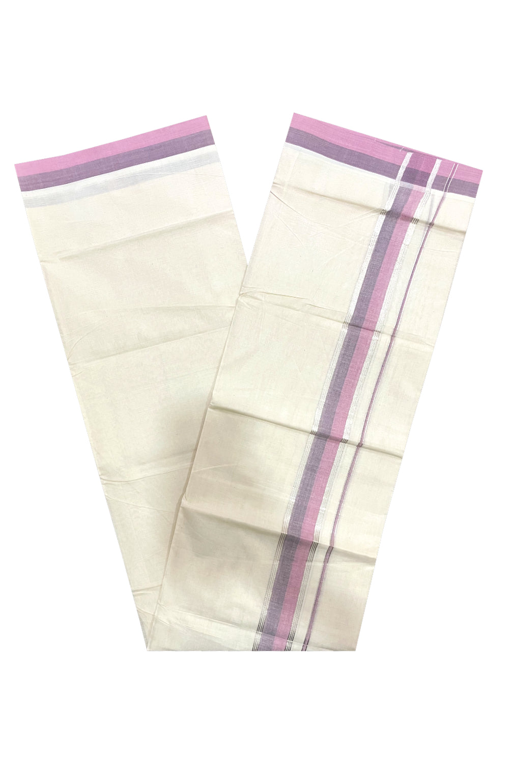 Kerala Pure Cotton Double Mundu with Violet and Silver Kasavu Border (South Indian Kerala Dhoti)