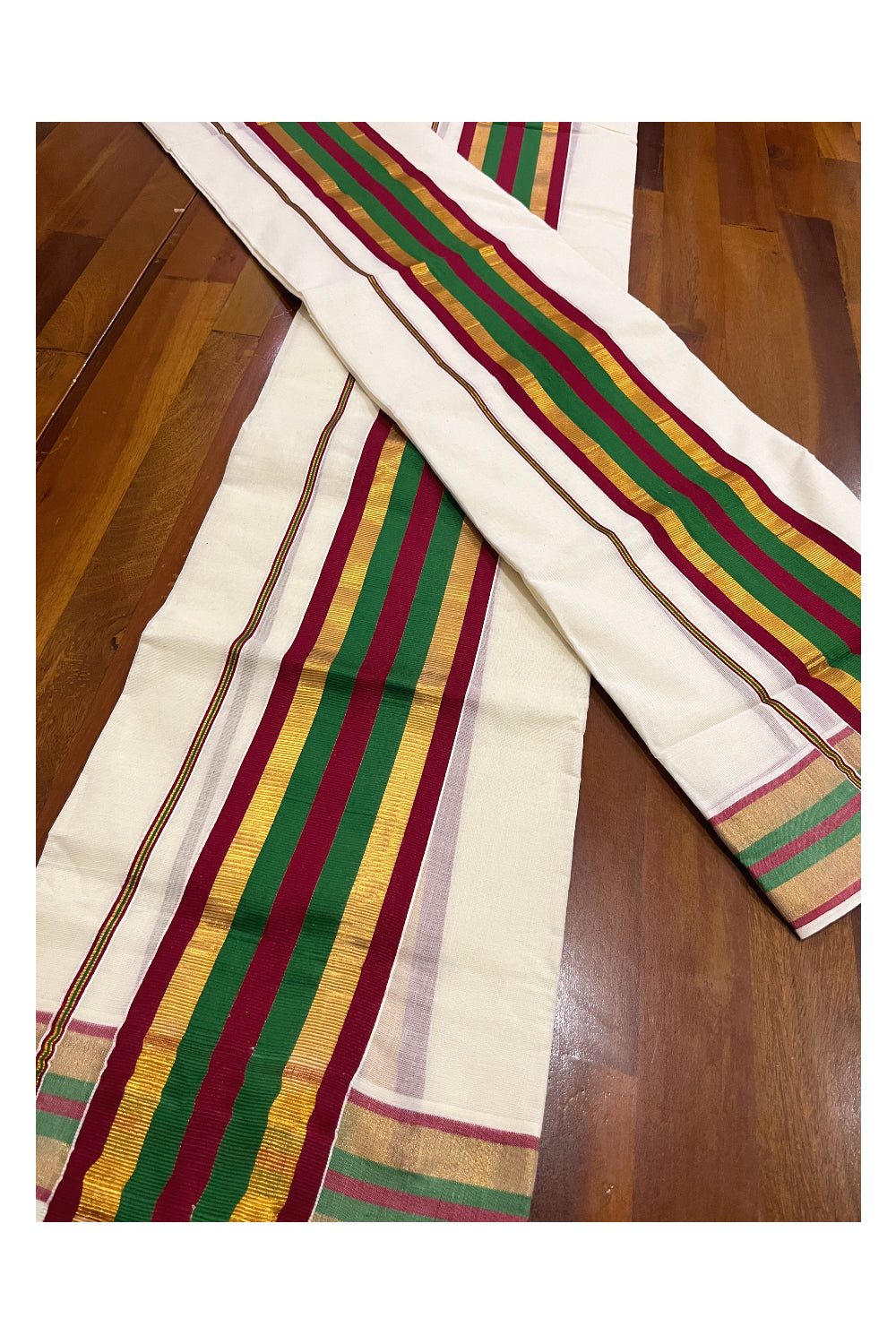 Kerala Cotton Mundum Neriyathum Single (Set Mundu) with Green Maroon and Kasavu Border