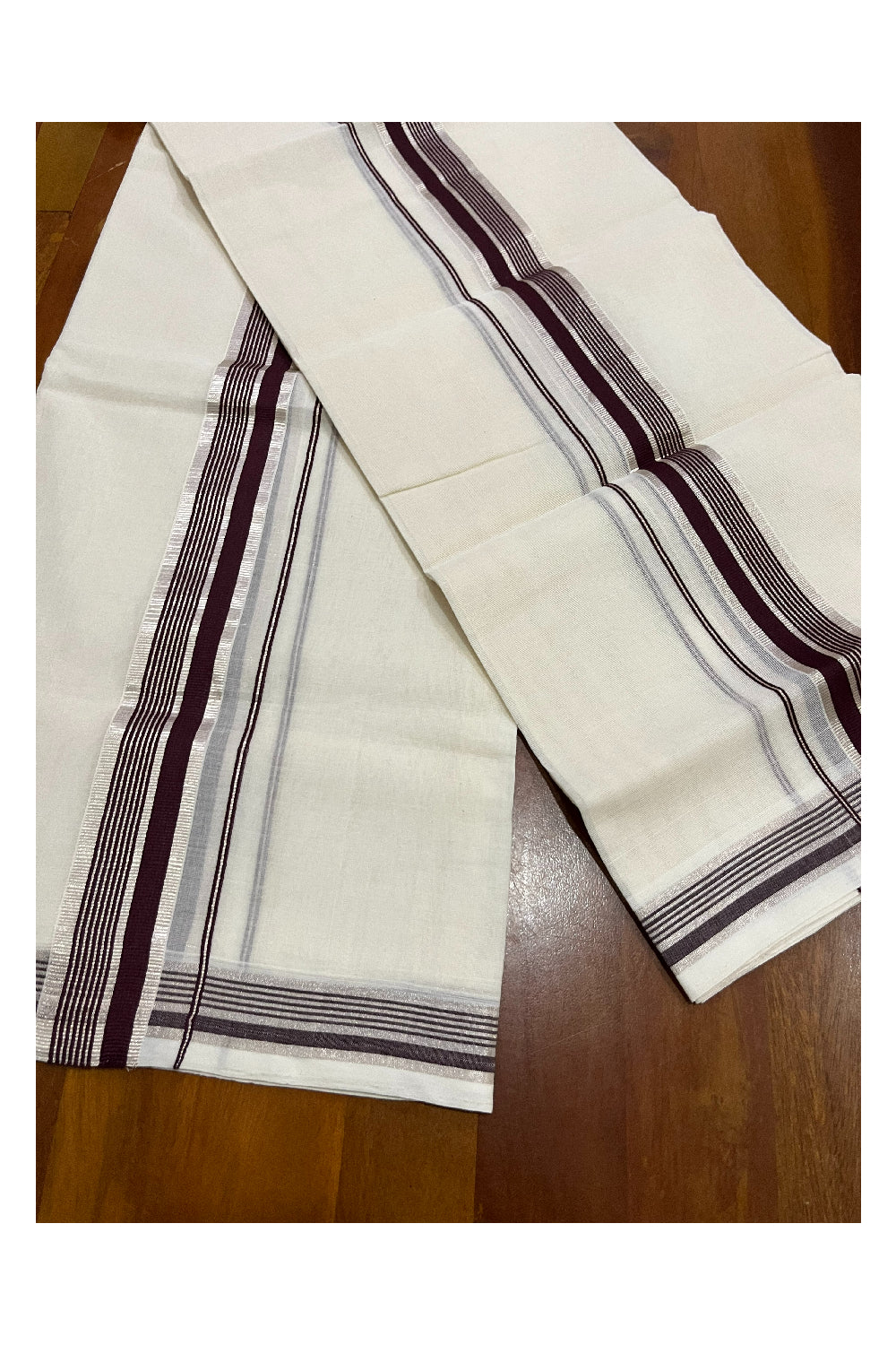 Pure Cotton Handloom Premium Kasavu Set Mundu (Mundum Neriyathum) with Brown and Silver Kasavu Border