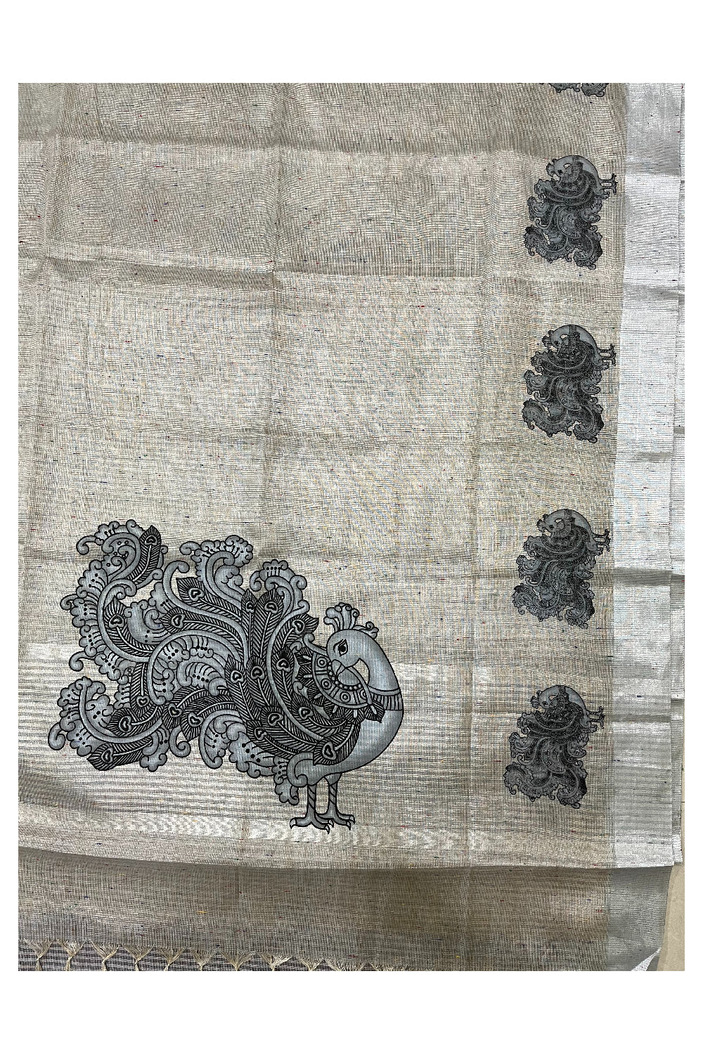 Kerala Silver Tissue Kasavu Mural Printed Peacock Saree with Woven Patterns (Vishu 2024 Collection)