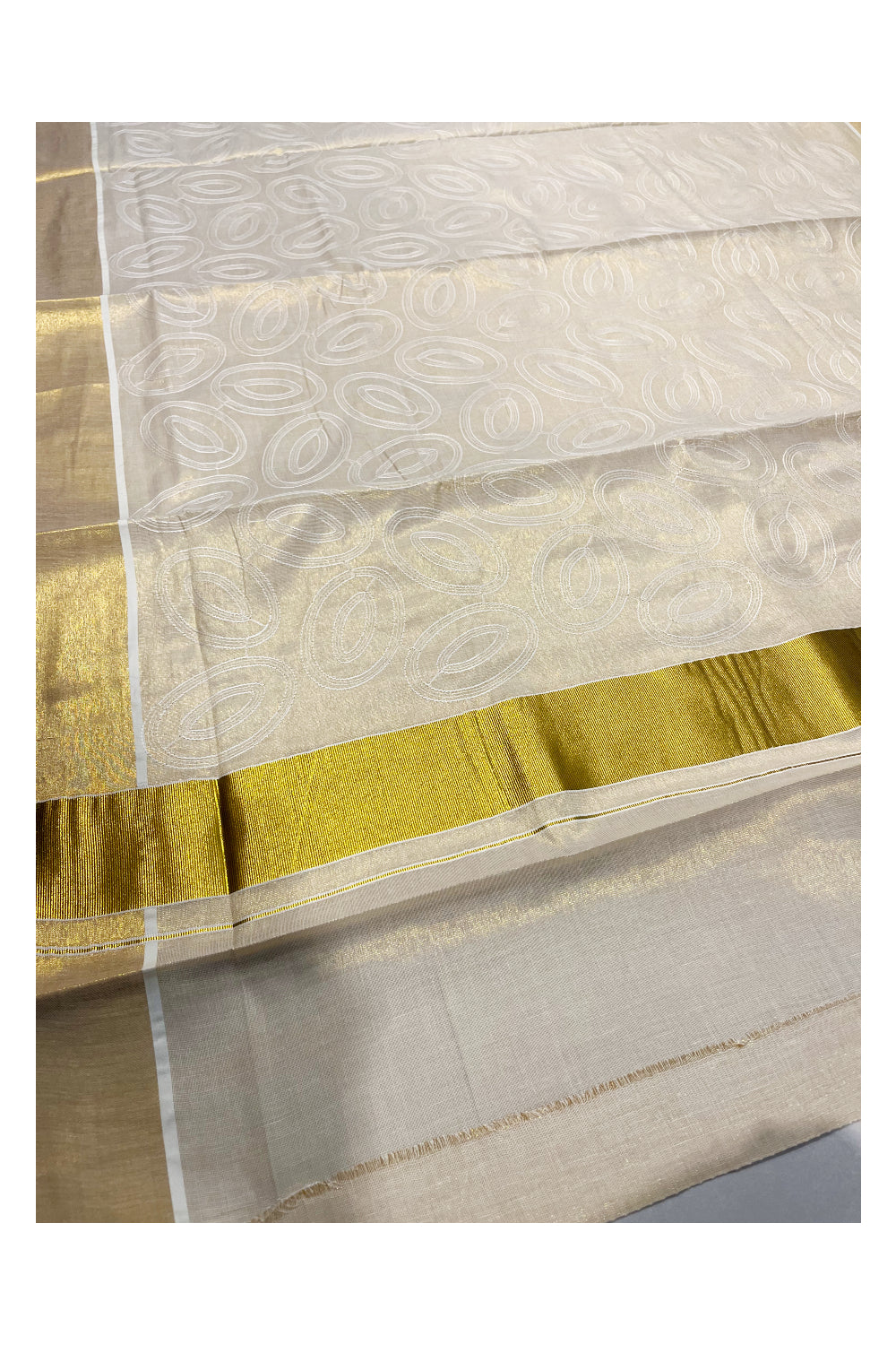 Kerala Tissue Kasavu Saree With White Floral Embroidery Works