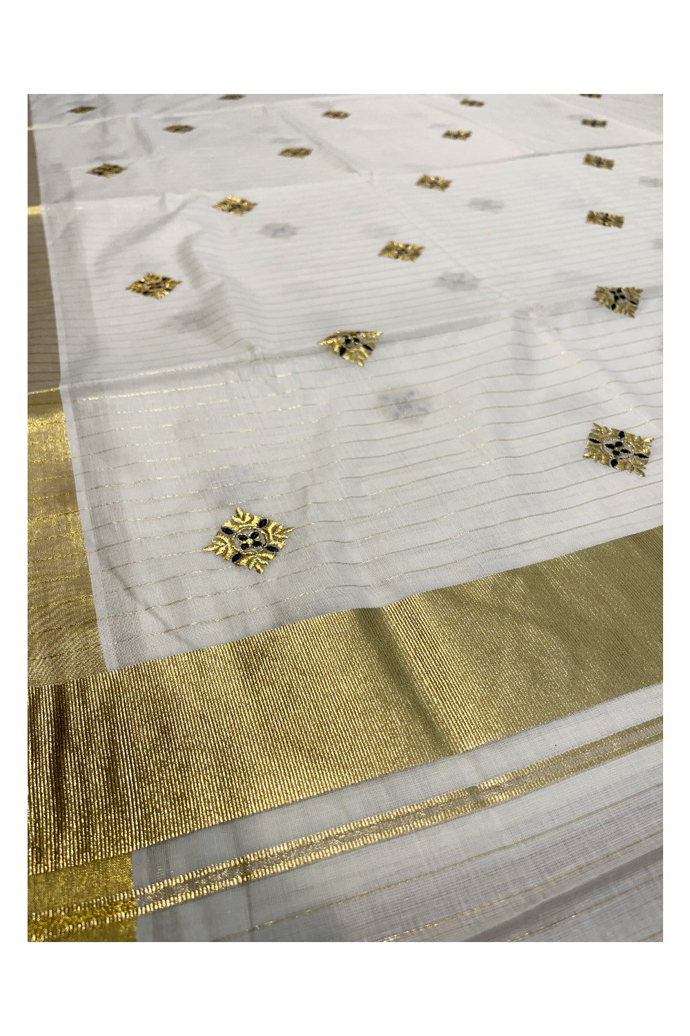 Kerala Cotton Kasavu  Lines Saree with Blue and Golden Embroidery Work