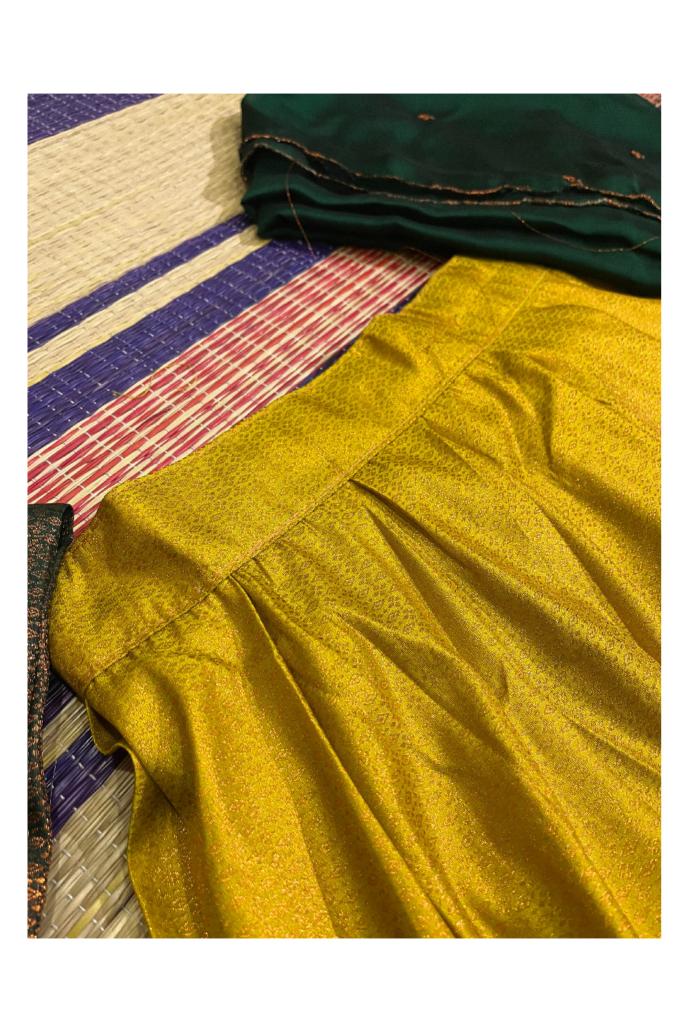 Semi Stitched Premium Semi SIlk Golden Yellow Dhavani Set with Green Neriyathu and Blouse Piece