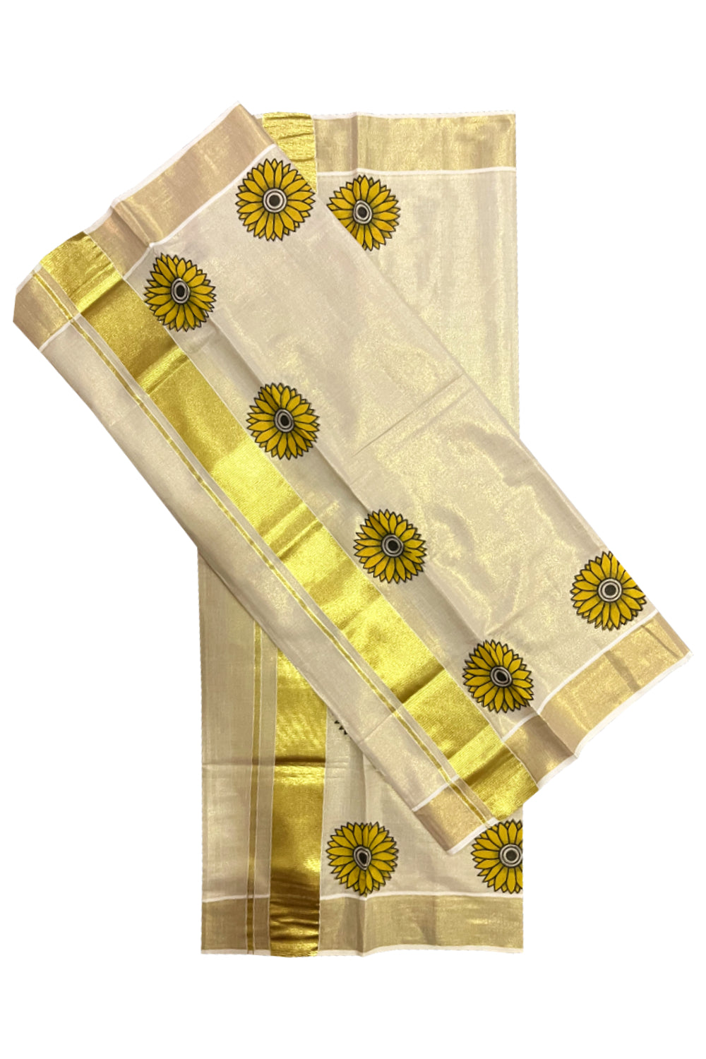 Kerala Tissue Kasavu Set Mundu (Mundum Neriyathum) with Sunflower Mural Printed Design 2.80 Mtrs (Onam Set Mundu 2023)