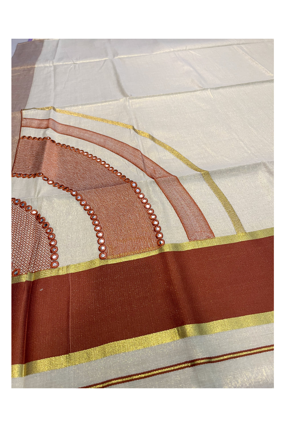 Southloom Kerala Tissue Kasavu Saree with Brown Mirror Work