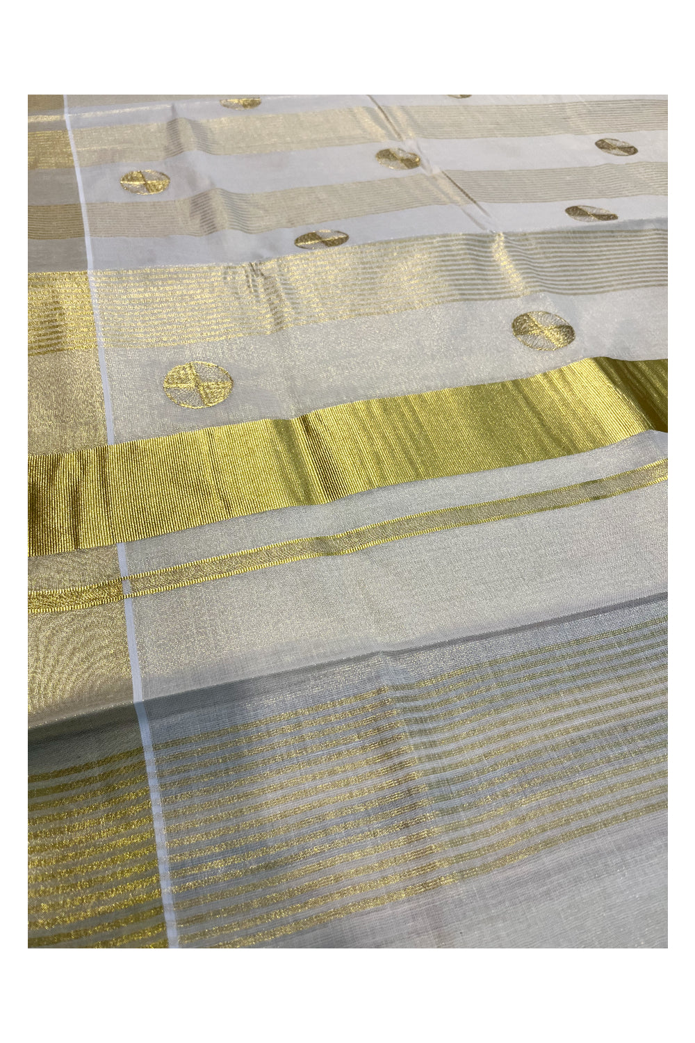 Kerala Tissue Kasavu Lines Saree with Golden  Polka works across the Body