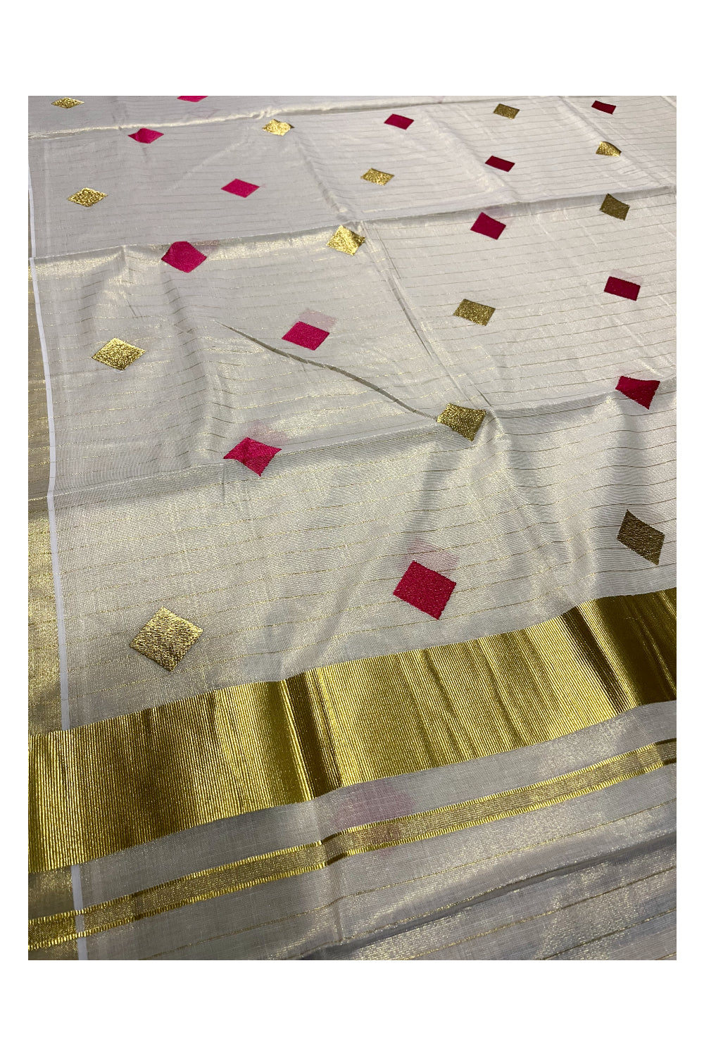 Kerala Tissue Kasavu Lines Saree with Pink and Golden Diagonal Woven Designs on Body and Pallu