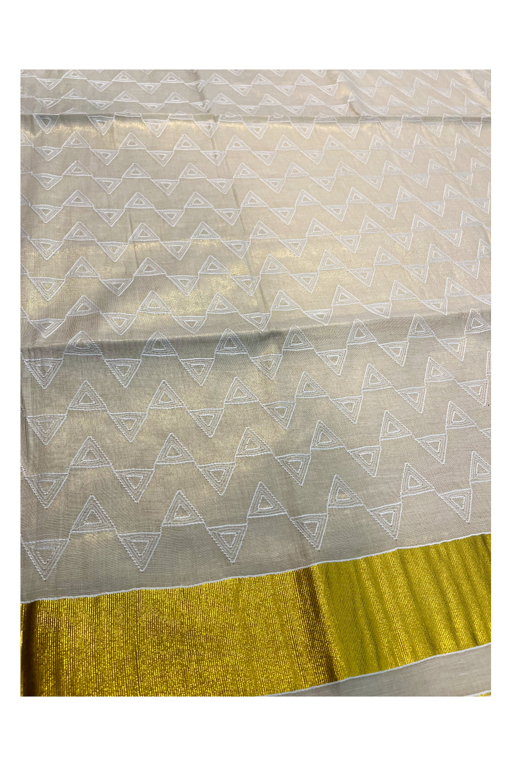 Kerala Tissue Kasavu Saree With White Floral Embroidery Works