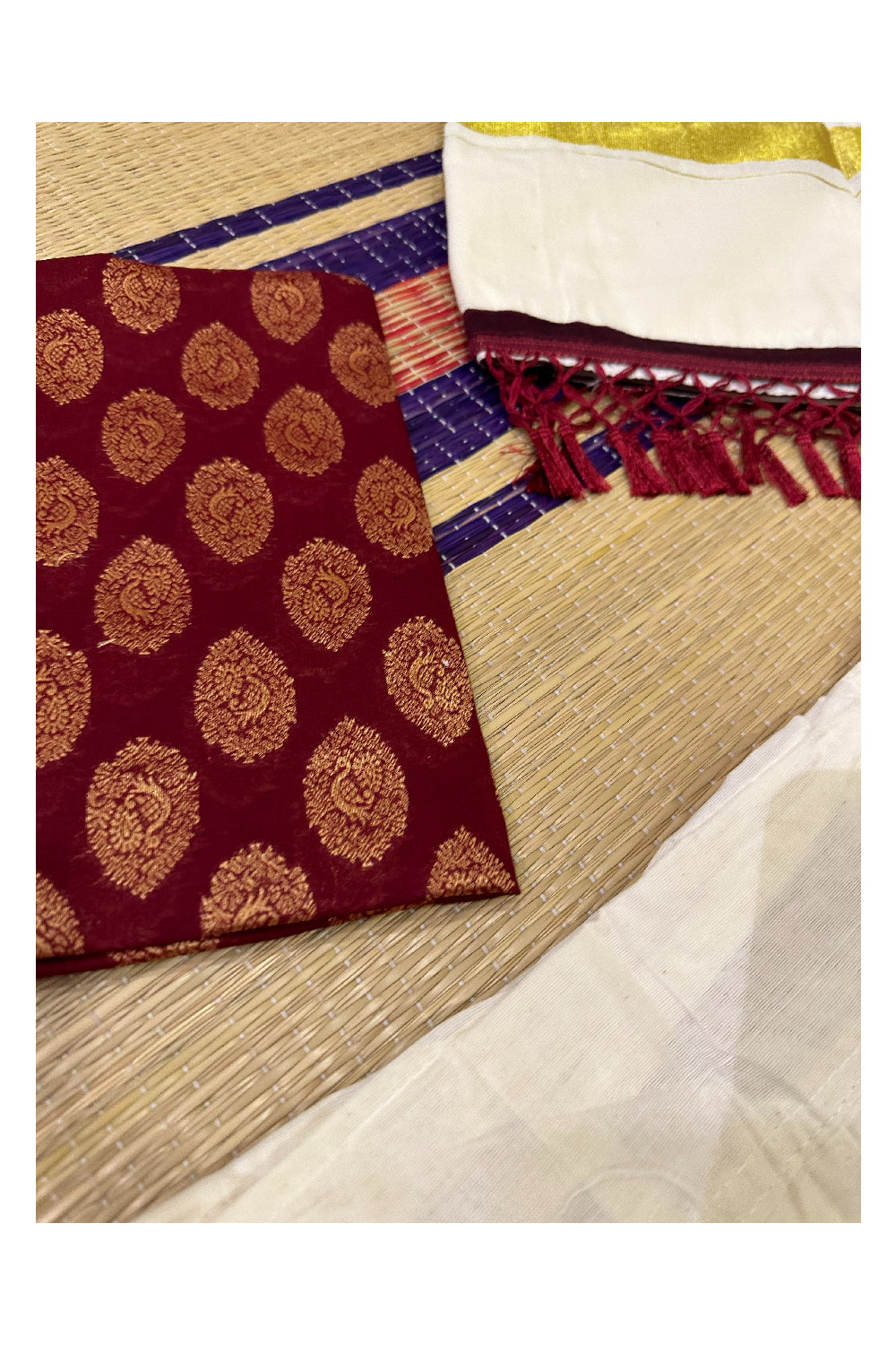 Semi Stitched Dhavani Set with Cotton Pavada and Maroon Woven Work Blouse Piece