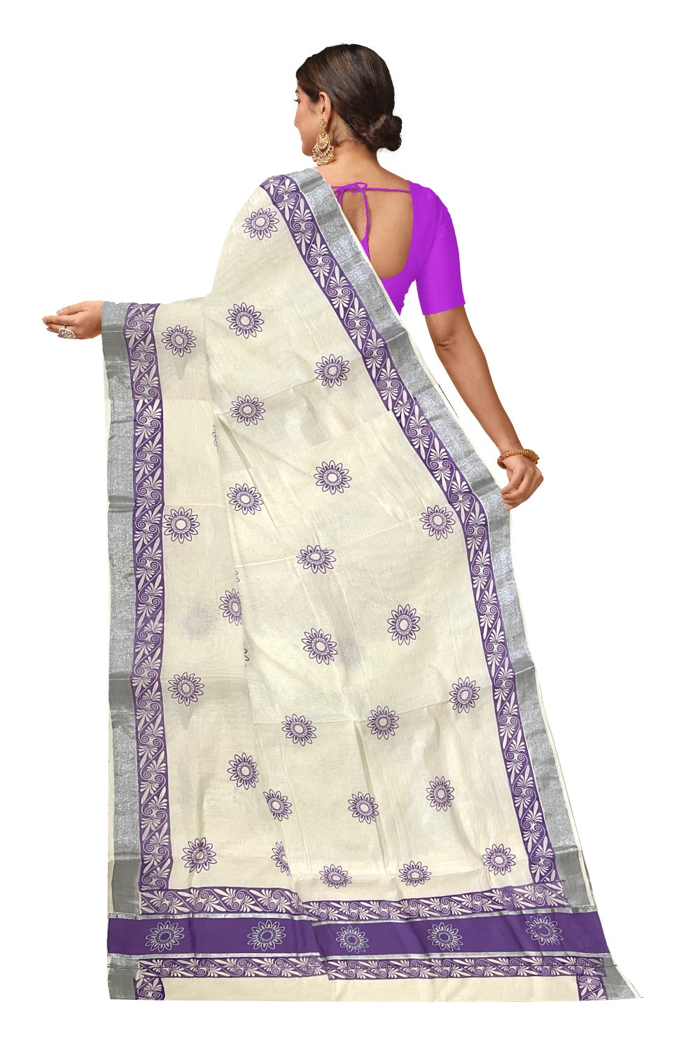 Pure Cotton Kerala Saree with Violet Block Prints and Silver Kasavu Border (Onam Saree 2023)