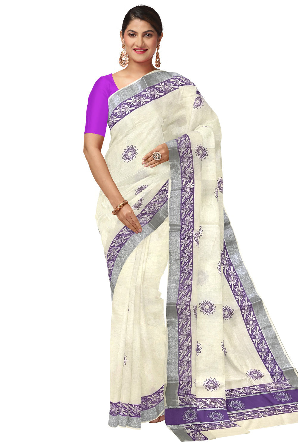 Pure Cotton Kerala Saree with Violet Block Prints and Silver Kasavu Border (Onam Saree 2023)