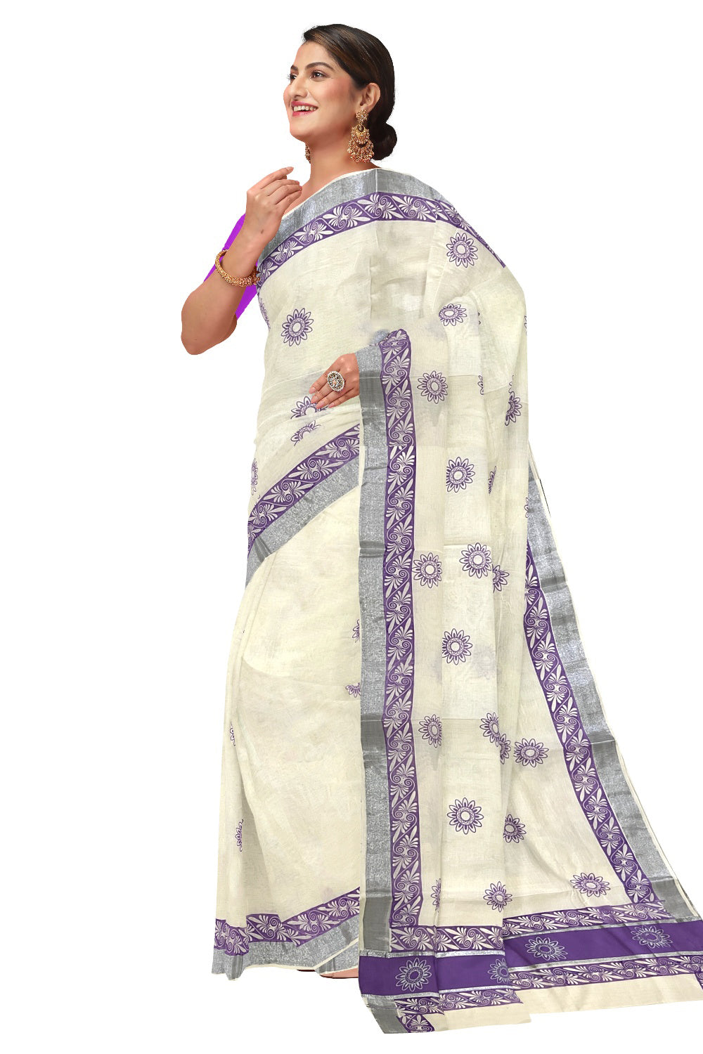 Pure Cotton Kerala Saree with Violet Block Prints and Silver Kasavu Border (Onam Saree 2023)