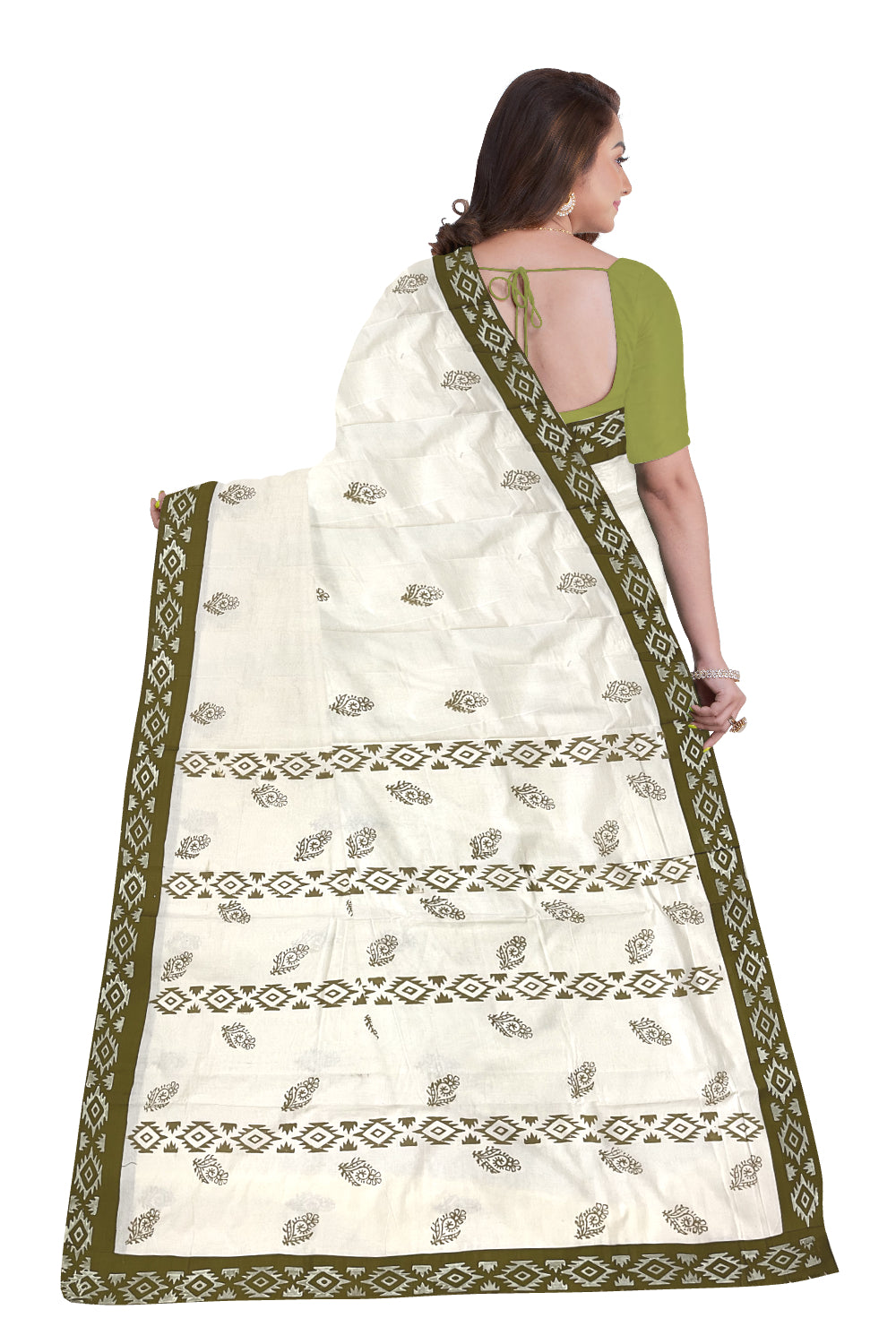 Pure Cotton Onam 2023 Kerala Saree with Hand Block Olive Green Batik Prints