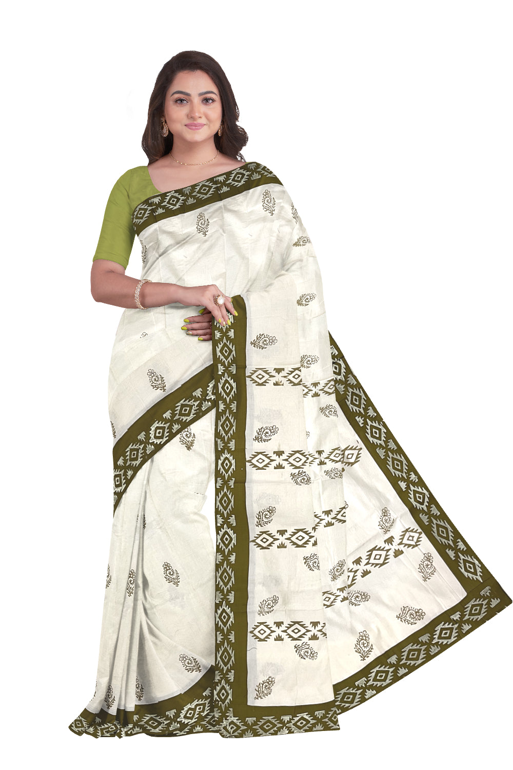 Pure Cotton Onam 2023 Kerala Saree with Hand Block Olive Green Batik Prints