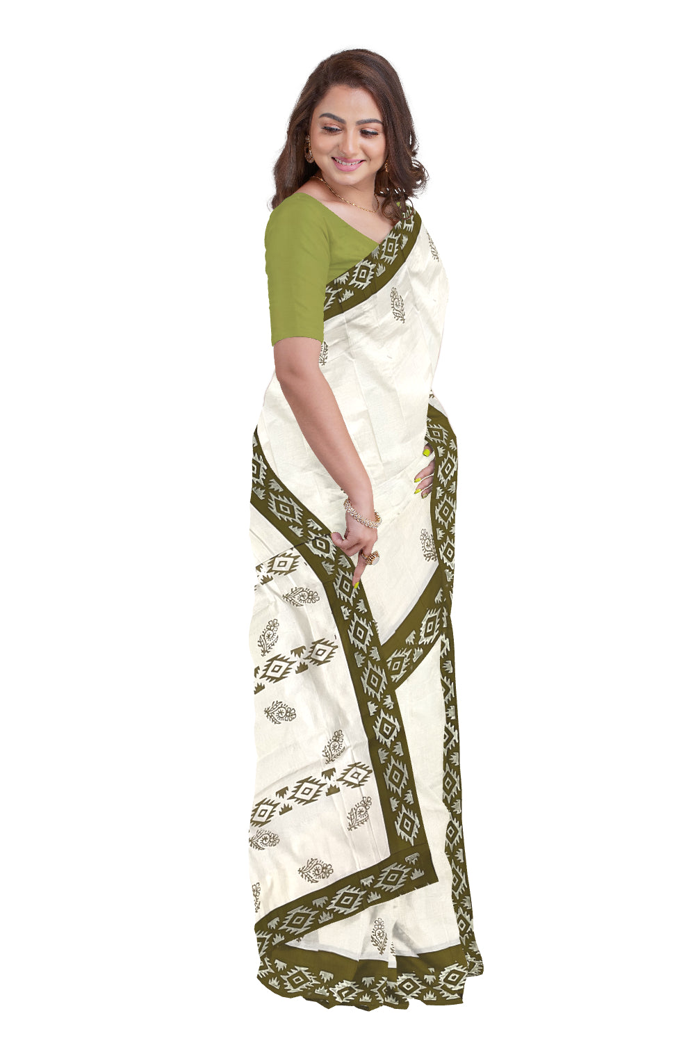 Pure Cotton Onam 2023 Kerala Saree with Hand Block Olive Green Batik Prints