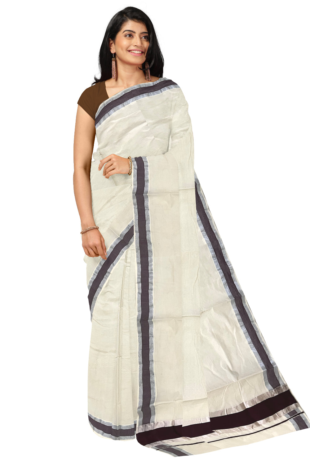 Pure Cotton Kerala Saree with Brown and Silver Kasavu Border