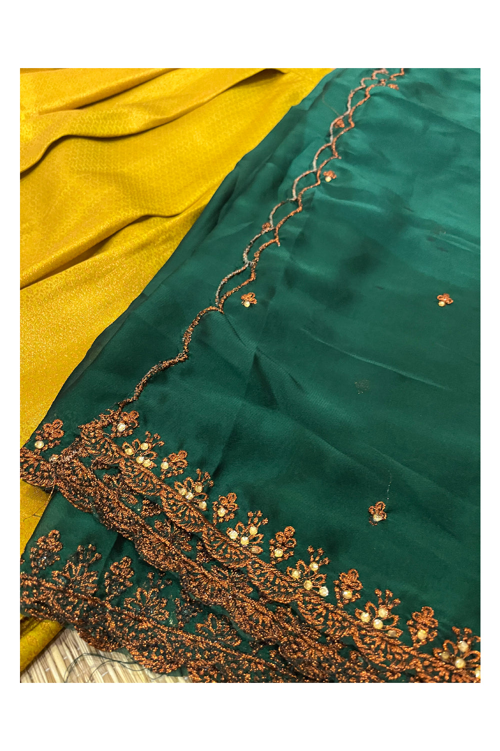 Semi Stitched Premium Semi SIlk Golden Yellow Dhavani Set with Green Neriyathu and Blouse Piece