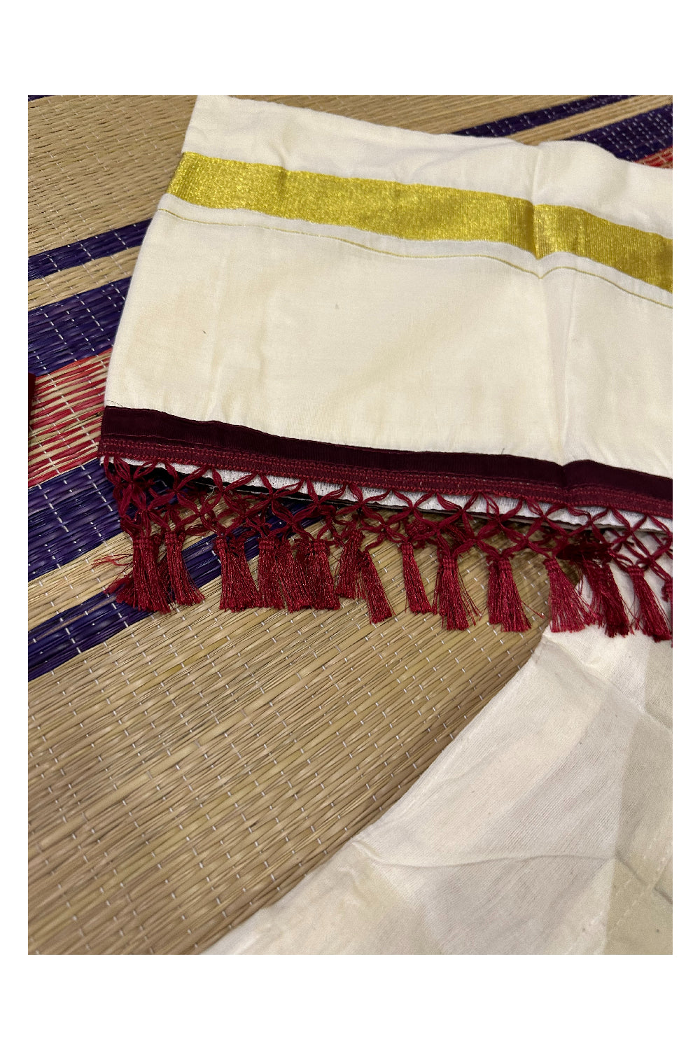 Semi Stitched Dhavani Set with Cotton Pavada and Maroon Woven Work Blouse Piece