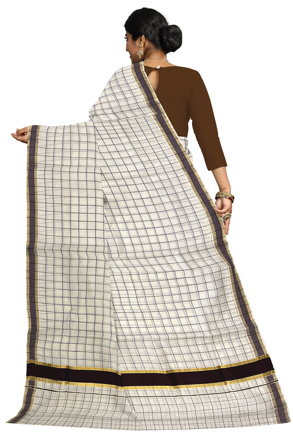 Kerala Woven Check Design Saree with Kasavu and Brown Border (Onam Saree 2023)