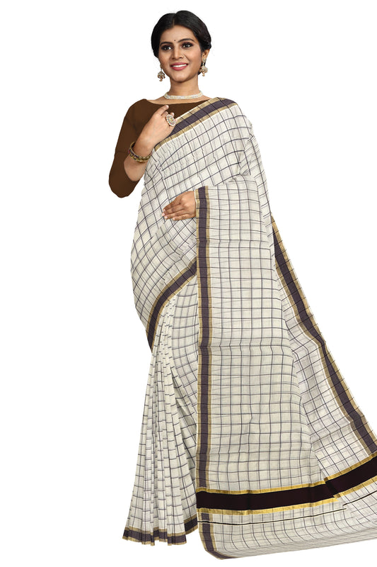 Kerala Woven Check Design Saree with Kasavu and Brown Border (Onam Saree 2023)