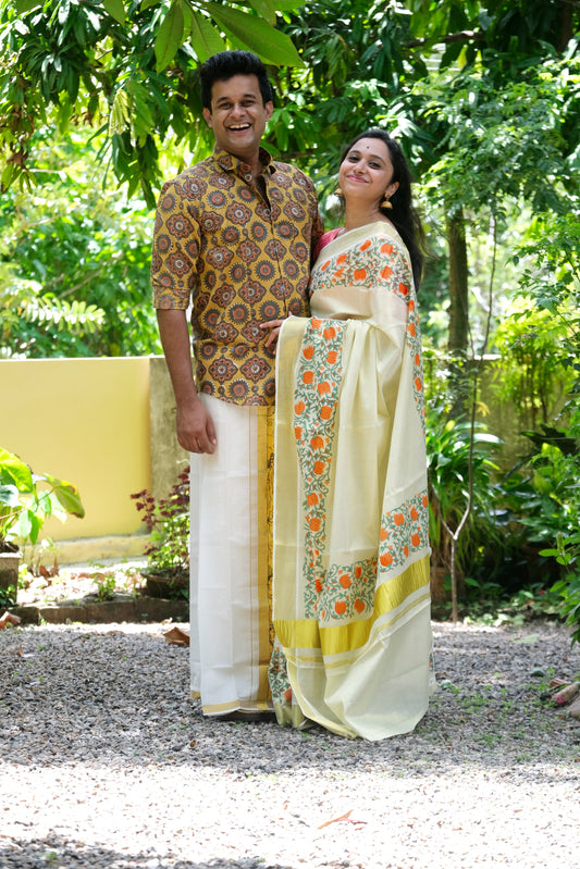 Southloom Jaipur Artisans & Kerala Weavers Collab Orange and Green Floral Printed Tissue Kasavu Saree (2023 Onam Exclusive Kerala Saree)