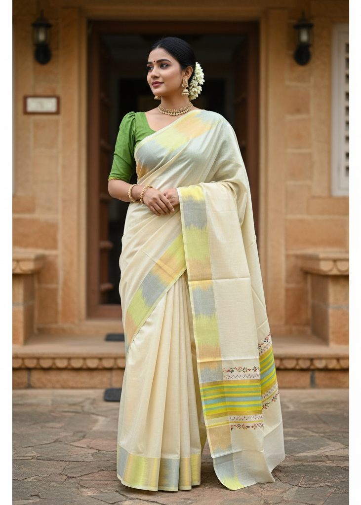 Southloom Kerala Tissue Kasavu Saree with Multi Colour Pochampally Design on Borders and Kara