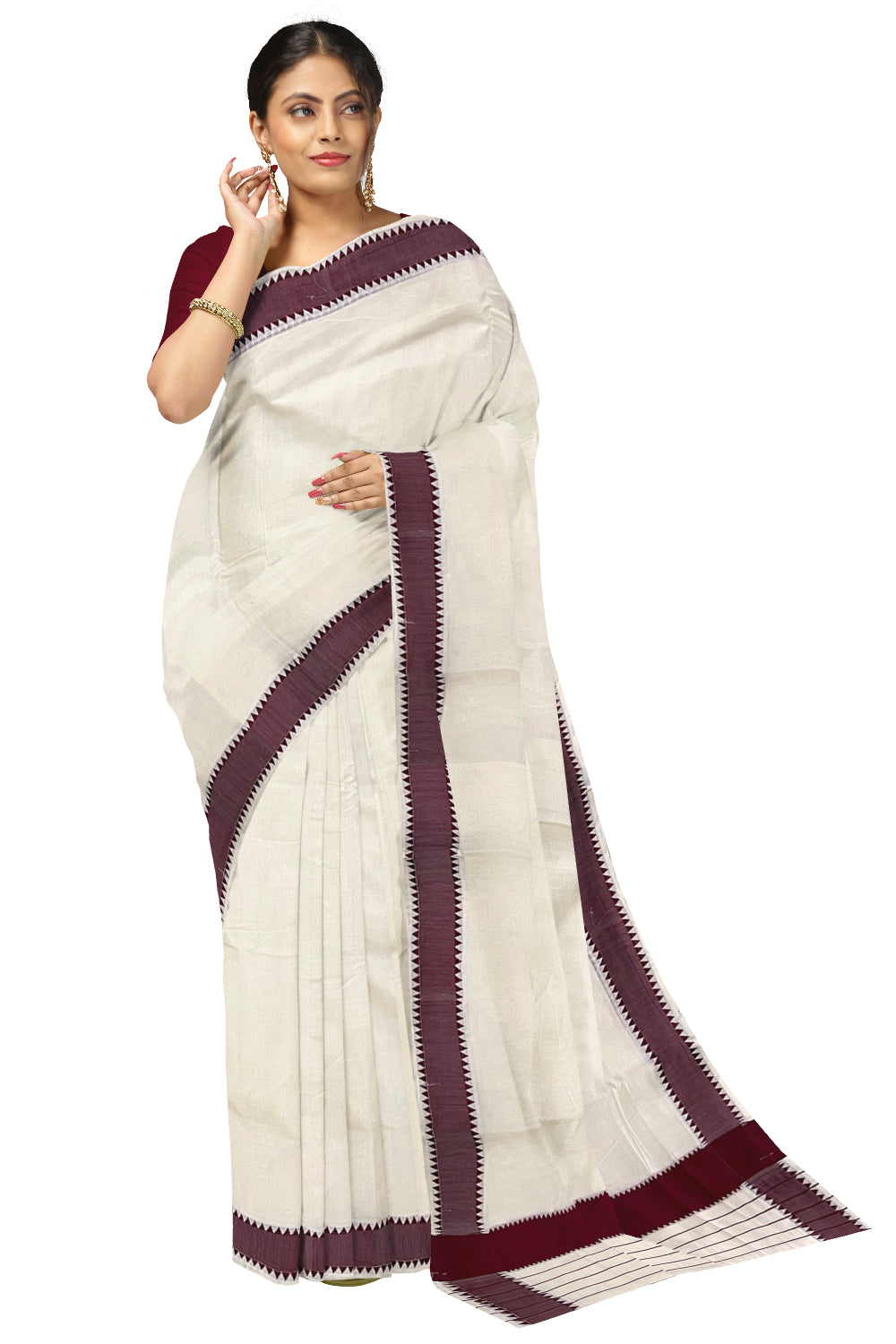 Kerala Cotton Saree with Maroon Temple Border and Lines Design on Pallu