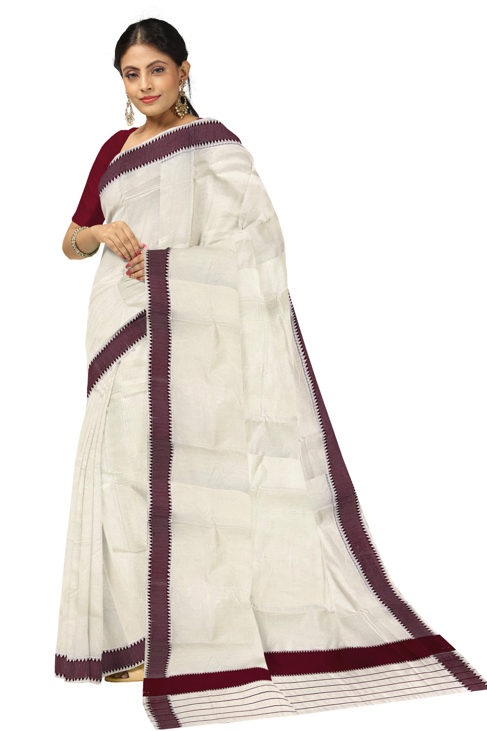 Kerala Cotton Saree with Maroon Temple Border and Lines Design on Pallu