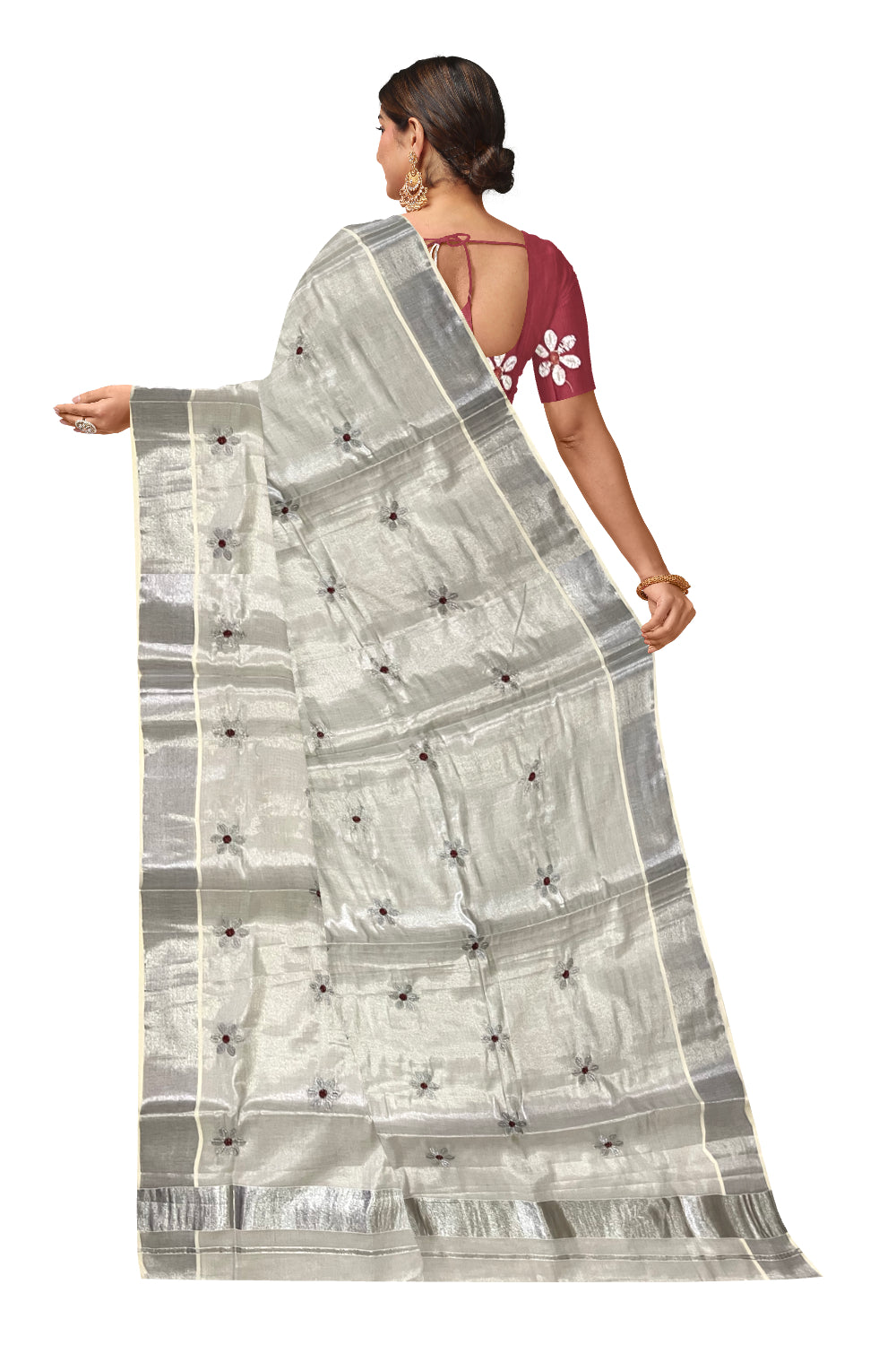 Kerala Silver Tissue Kasavu Saree with Floral Embroidery Works on Body and Maroon Blouse Piece