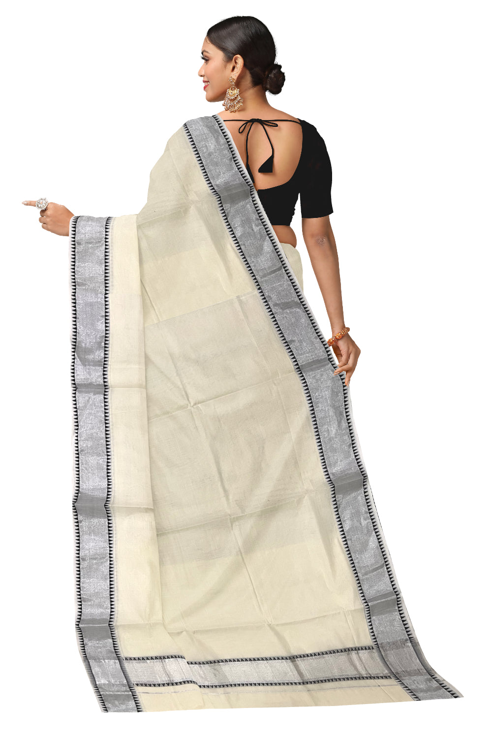 Kerala Pure Cotton Saree with Silver Kasavu and Black Temple Woven Border