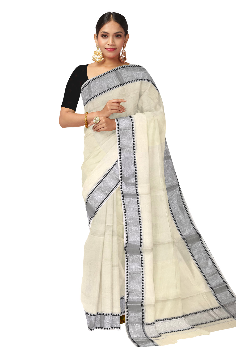 Kerala Pure Cotton Saree with Silver Kasavu and Black Temple Woven Border