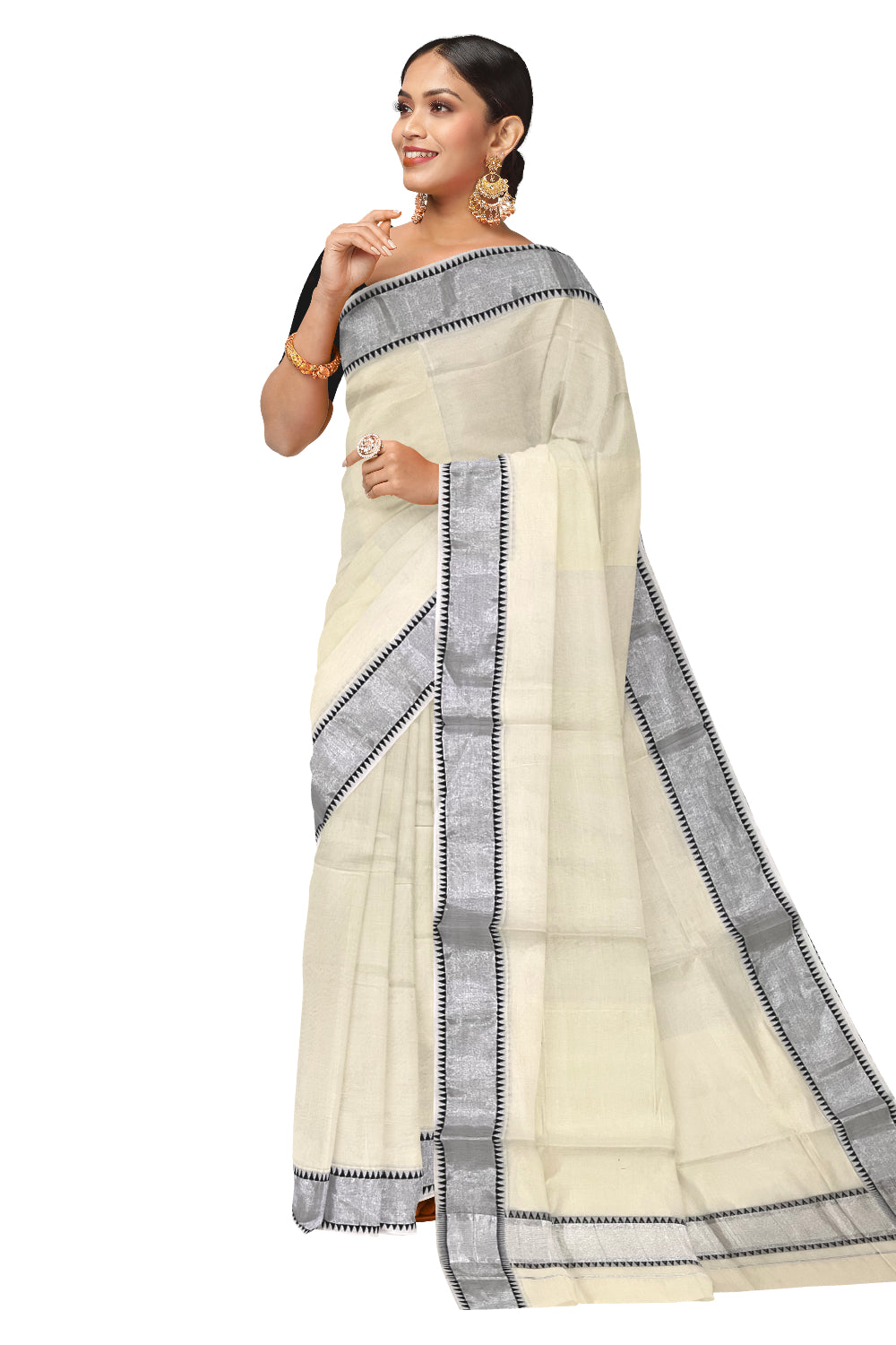 Kerala Pure Cotton Saree with Silver Kasavu and Black Temple Woven Border