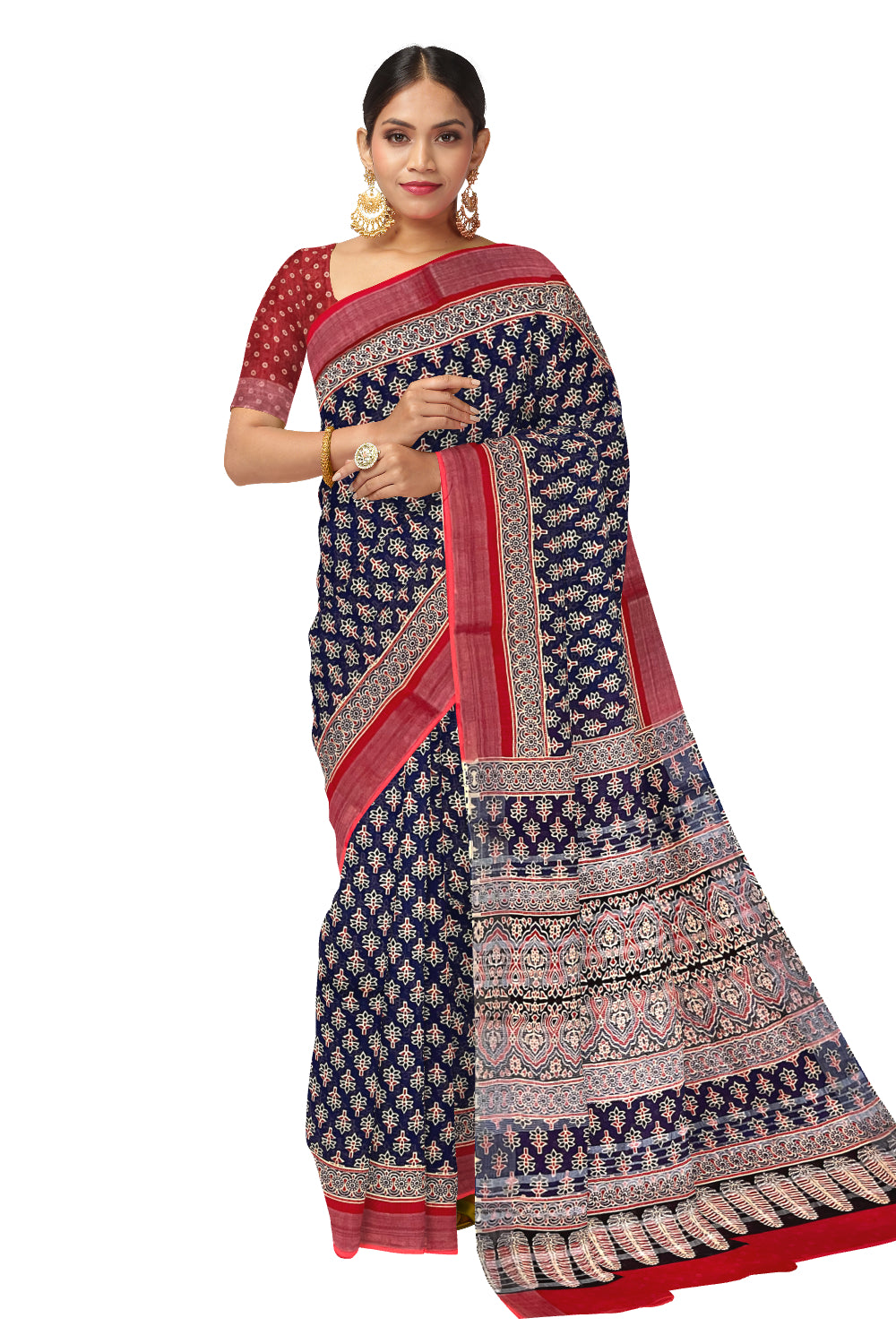 Southloom Linen Blue Designer Saree with Floral Prints on Body