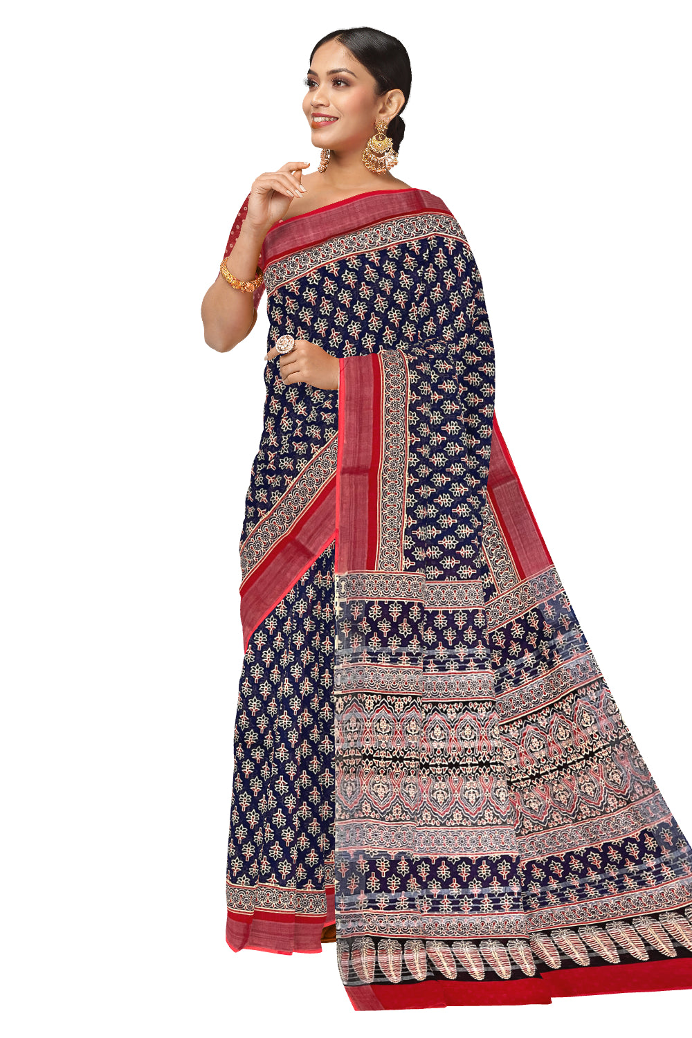 Southloom Linen Blue Designer Saree with Floral Prints on Body