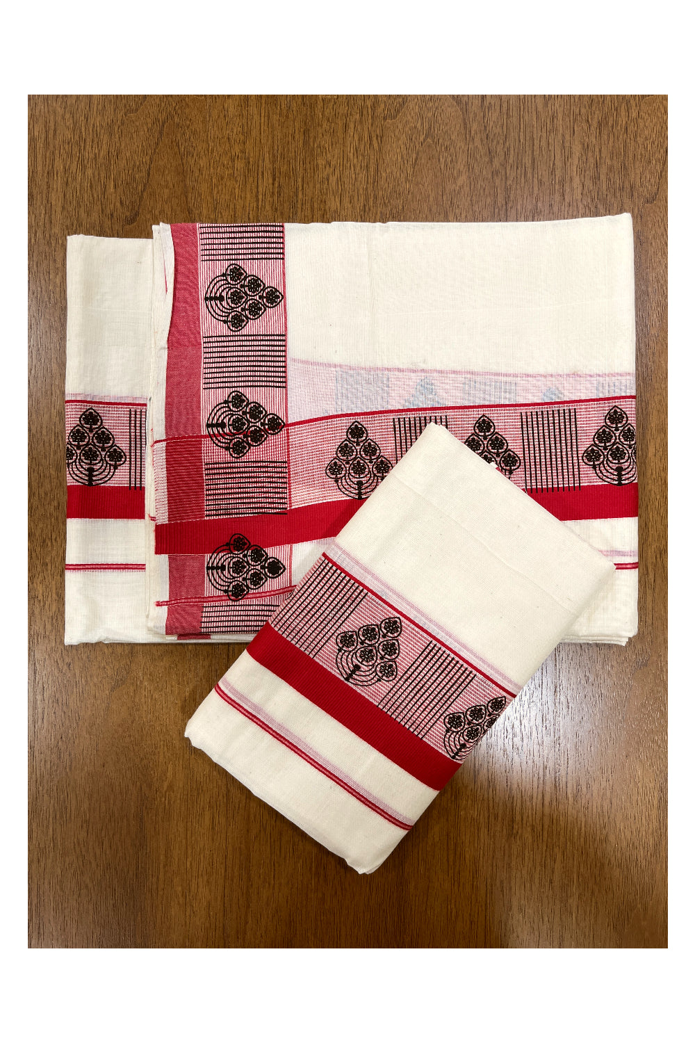 Kerala Cotton Set Mundu (Mundum Neriyathum) with Block Prints on Red Border