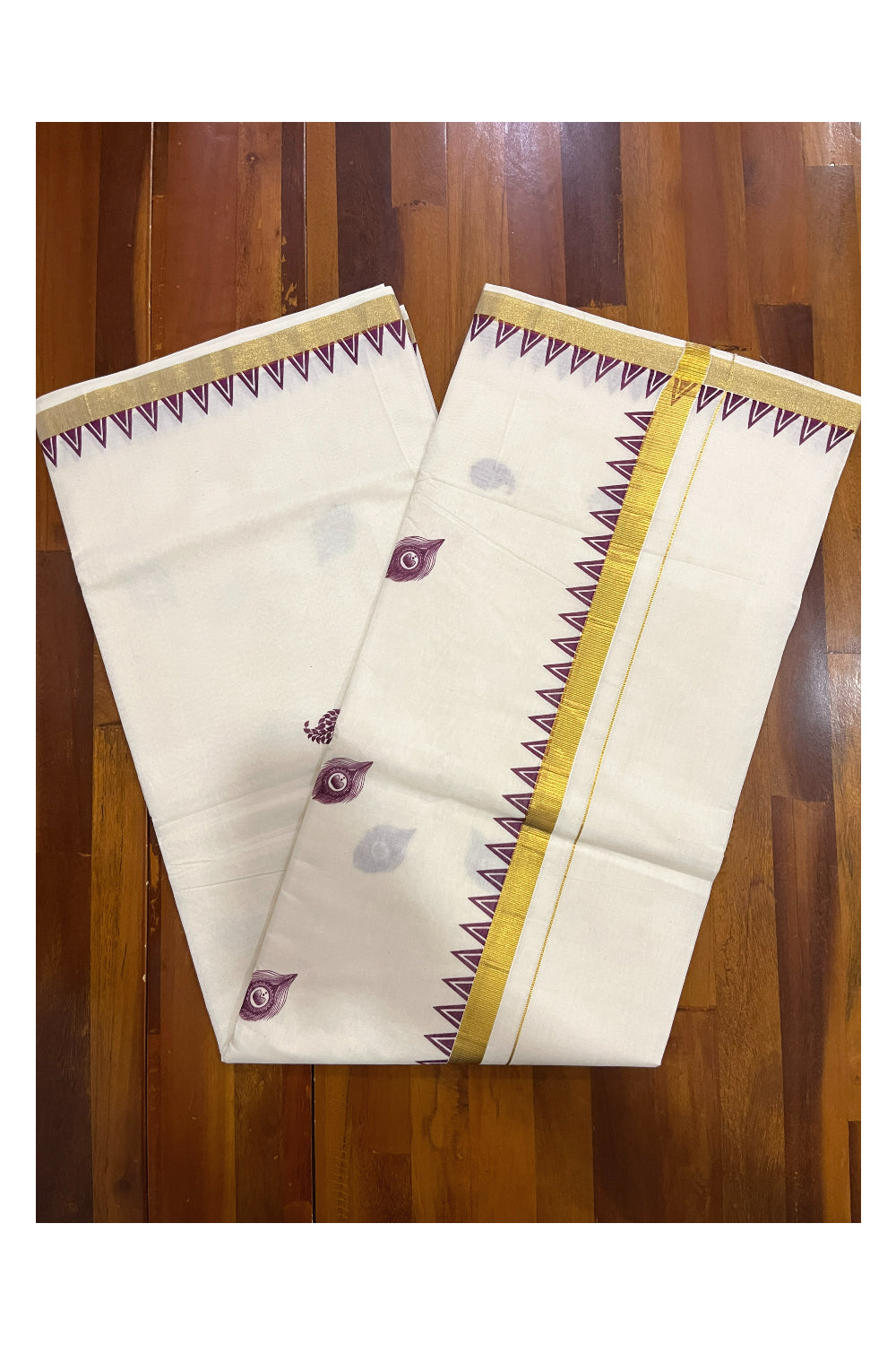 Pure Cotton Kerala Kasavu Saree with Purple Temple Block Printed Border