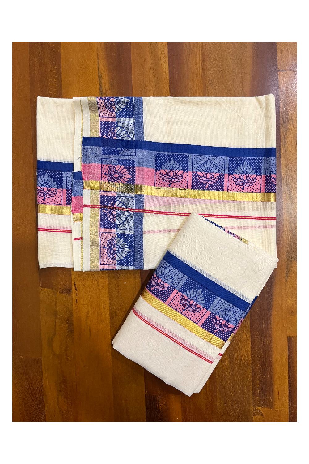 Kerala Cotton Kasavu Single Set Mundu (Mundum Neriyathum) with Pink and Blue Kara and Block Prints