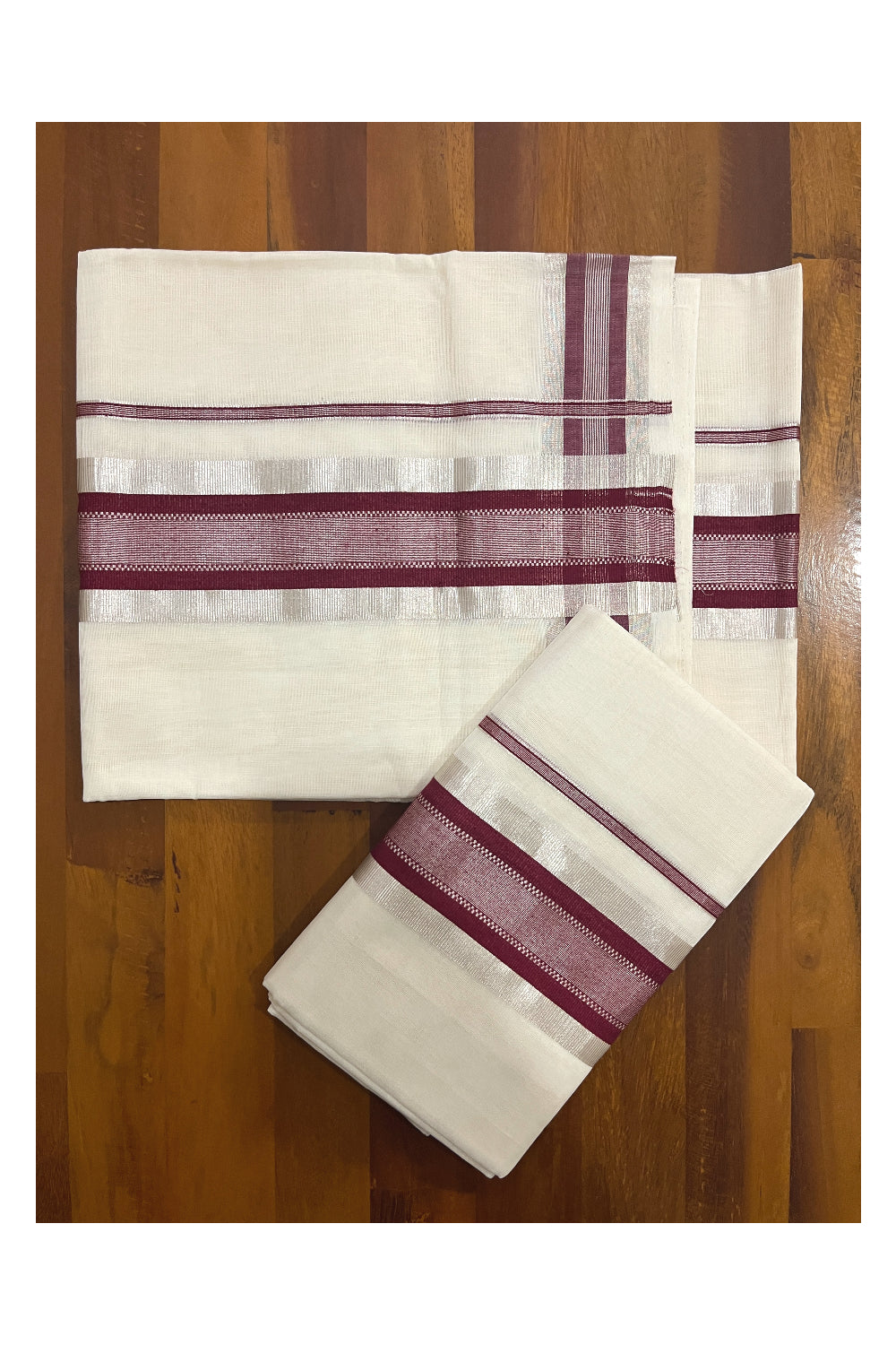 Southloom Premium Handloom Set Mundu with Silver Kasavu and Maroon Border 2.80 Mtrs